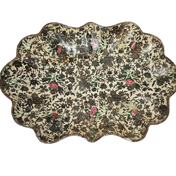 Vintage Highmount‎ Gold & Pink Roses Scalloped Edge Trinket Tray Paper Mache - Picture 1 of 6
